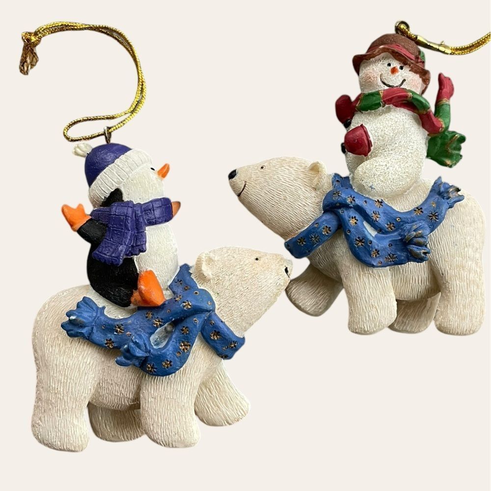 Vintage Arctic Friends Polar Bear Snowman Penguin Christmas Ornaments Set of 2